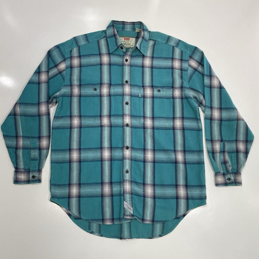 VTG Levi's Men’s M Teal Blue Shadow Plaid Flannel Button Up Shirt White Tab
